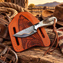 Load image into Gallery viewer, Small Handmade Damascus Cowboy Knife with Antler Handle, Copper Inlay &amp; Cross-Draw Leather Sheath