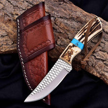 Load image into Gallery viewer, Cowboy Knife D2 Steel 5mm Antler Turquoise Handle
