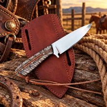 Load image into Gallery viewer, Handmade D2 Cowboy Knife with Mirror Finish Blade, White Pinecone Handle &amp; Western Pancake Leather Sheath