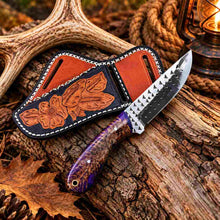Load image into Gallery viewer, Handmade Horse Rasp Cowboy Skinner Knife with Pinecone Resin Handle &amp; Cross-Draw Leather Sheath