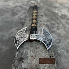 Load image into Gallery viewer, Hand Engraved Double Headed Viking Axe with Nordic Knotwork and Leather Wrapped Handle