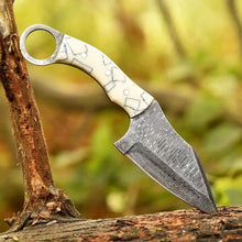 Load image into Gallery viewer, 2 Piece Damascus Steel Ring Handle Knife Set with Bone Pattern &amp; Green Resin Handles with Leather Sheath
