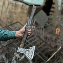 Load image into Gallery viewer, Norse Viking Axe Set with Engraved Steel Heads and Carved Hardwood Handles