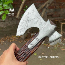 Load image into Gallery viewer, Handmade Viking Double-Bit Carbon Steel Axe with Norse Rune Etching and Engraved Hardwood Handle
