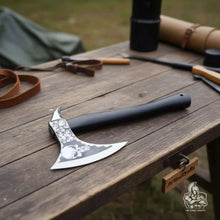 Load image into Gallery viewer, Hand-finished Bearded Axe – Detailed Etched Steel Head with Minimalist Black Handle