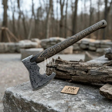 Load image into Gallery viewer, Handcrafted Viking Shield and Engraved Axe Set with Raven Motif and Norse Knotwork