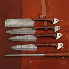 Load image into Gallery viewer, 4-Piece Handmade Damascus Kitchen Knife Set – Rosewood Handles, Steel Bolsters &amp; Brass Pins | Chef, Santoku, Cleaver &amp; Utility | Leather Roll &amp; Honing Rod Included