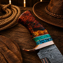 Load image into Gallery viewer, Copper Damascus Hunting Knife – Turquoise &amp; Resin Bowie