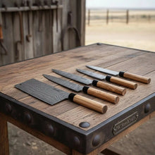 Load image into Gallery viewer, 4-Piece Twisted Damascus Kitchen Knife Set — Chef, Nakiri, Slicer &amp; Paring with Olive Wood Wa Handles &amp; Black Leather Roll | JW Steel Crafts
