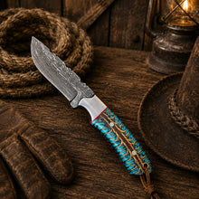 Load image into Gallery viewer, Western Belt Carry Knife – 4” Damascus Blade Pinecone Handle