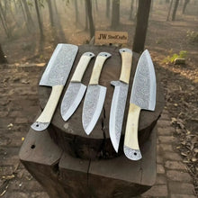 Load image into Gallery viewer, High Carbon Steel Butcher Knife Set – Cleaver, Chef, Slicer, Boning &amp; Utility Knives, Hand Engraved Blades, Bone Handles, Full Tang