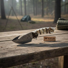 Load image into Gallery viewer, Damascus Steel Skinner Knife w/ Stag Handle and Gut Hook /Hunting Fixed Blade Knife