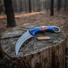 Load image into Gallery viewer, Damascus Karambit Knife with Blue Wood Handle, Finger Ring, and Sheath