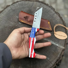 Load image into Gallery viewer, Damascus Tanto Fixed Blade Knife with American Flag Resin Handle, and Leather Sheath