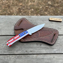 Load image into Gallery viewer, Custom Fixed Blade Knife – Drop Point Outdoor EDC with USA Flag Handle and Leather Sheath