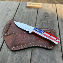 Load image into Gallery viewer, Custom Fixed Blade Knife – Drop Point Outdoor EDC with USA Flag Handle and Leather Sheath