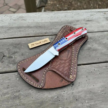 Load image into Gallery viewer, Custom Fixed Blade Knife – Drop Point Outdoor EDC with USA Flag Handle and Leather Sheath