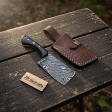 Load image into Gallery viewer, Custom Forged Damascus Mini Butcher Cleaver — Full Tang Black Handle with Leather Sheath