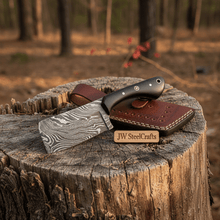 Load image into Gallery viewer, Custom Forged Damascus Mini Butcher Cleaver — Full Tang Black Handle with Leather Sheath