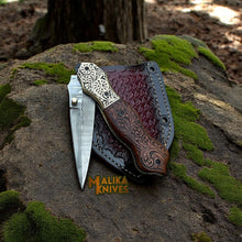 Load image into Gallery viewer, Hand-Engraved Damascus Steel Folding Knife – Custom EDC with Engraved Wood Handle-8010