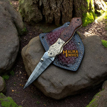 Load image into Gallery viewer, Hand-Engraved Damascus Steel Folding Knife – Custom EDC with Engraved Wood Handle-8010