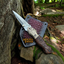 Load image into Gallery viewer, Hand-Engraved Damascus Steel Folding Knife – Custom EDC with Engraved Wood Handle-8010