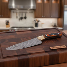 Load image into Gallery viewer, CUSTOM HAND FORGED DAMASCUS STEEL CHEF KNIFE WOOD AND BRASS HAndle