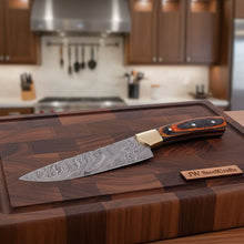 Load image into Gallery viewer, CUSTOM HAND FORGED DAMASCUS STEEL CHEF KNIFE WOOD AND BRASS HAndle