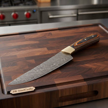 Load image into Gallery viewer, CUSTOM HAND FORGED DAMASCUS STEEL CHEF KNIFE WOOD AND BRASS HAndle