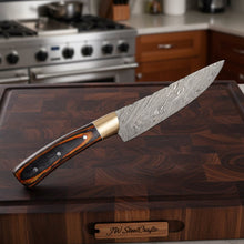 Load image into Gallery viewer, CUSTOM HAND FORGED DAMASCUS STEEL CHEF KNIFE WOOD AND BRASS HAndle