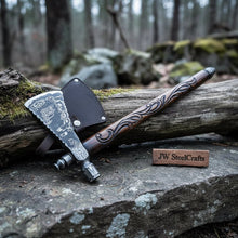 Load image into Gallery viewer, Custom Hand Forged Damascus Steel Smoking Axe – Functional Pipe Axe with Carved Hardwood Shaft