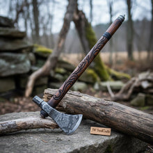 Load image into Gallery viewer, Custom Hand Forged Damascus Steel Smoking Axe – Functional Pipe Axe with Carved Hardwood Shaft