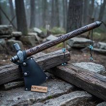 Load image into Gallery viewer, Custom Hand Forged Damascus Steel Smoking Axe – Functional Pipe Axe with Carved Hardwood Shaft
