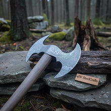 Load image into Gallery viewer, Custom Hand Forged Damascus Steel Viking Double Bit Throwing Axe with Hardwood Handle and Leather Sheath | JW SteelCrafts