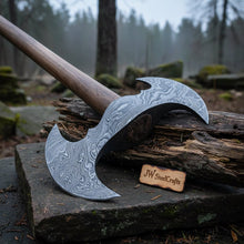 Load image into Gallery viewer, Custom Hand Forged Damascus Steel Viking Double Bit Throwing Axe with Hardwood Handle and Leather Sheath | JW SteelCrafts