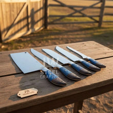 Load image into Gallery viewer, Blue Wood Damascus Chef Knife Set: 5-Piece Handmade Collection