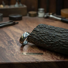 Load image into Gallery viewer, Mens Damascus Steel Wedding Band with Diagonal Brass Inlay Design