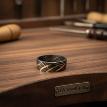 Load image into Gallery viewer, Mens Damascus Steel Wedding Band with Diagonal Brass Inlay Design