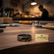 Load image into Gallery viewer, Mens Damascus Steel Wedding Band with Diagonal Brass Inlay Design