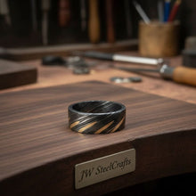 Load image into Gallery viewer, Mens Damascus Steel Wedding Band with Diagonal Brass Inlay Design
