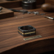 Load image into Gallery viewer, Square Damascus Steel Ring With Brass Inlay Handmade Mens Band