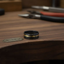 Load image into Gallery viewer, Mens Damascus Steel Wedding Band With Brass Inlay Handmade Ring