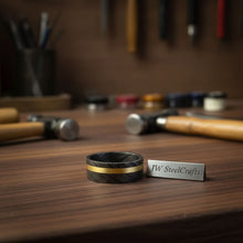 Load image into Gallery viewer, Mens Damascus Steel Wedding Band With Brass Inlay Handmade Ring