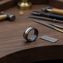 Load image into Gallery viewer, Mens Damascus Steel Wedding Band With Brass Inlay Handmade Ring