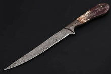Load image into Gallery viewer, Custom Handmade Damascus Steel Boning Knife With Colour Bone Handle  with Leather Sheath DK-0045