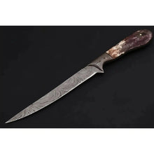 Load image into Gallery viewer, Custom Handmade Damascus Steel Boning Knife With Colour Bone Handle  with Leather Sheath DK-0045