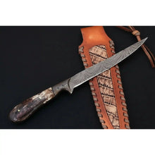 Load image into Gallery viewer, Custom Handmade Damascus Steel Boning Knife With Colour Bone Handle  with Leather Sheath DK-0045