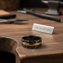 Load image into Gallery viewer, Mens Damascus Steel Wedding Band Hammered Finish with Brass Inlay