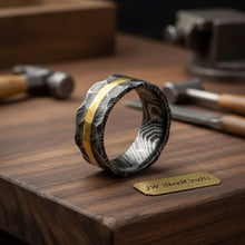 Load image into Gallery viewer, Mens Damascus Steel Wedding Band Hammered Finish with Brass Inlay