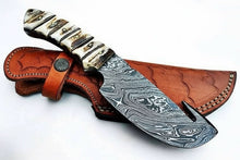 Load image into Gallery viewer, 9' Handmade Damascus Skinner Knife with Stag Bone Handle and Gut Hook Blade